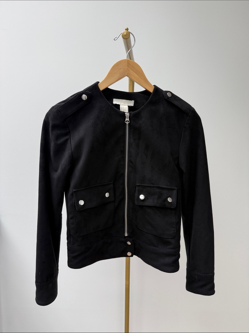 H&M Black Zip Front Suede Jacket with Snap Flap Pockets Size 2